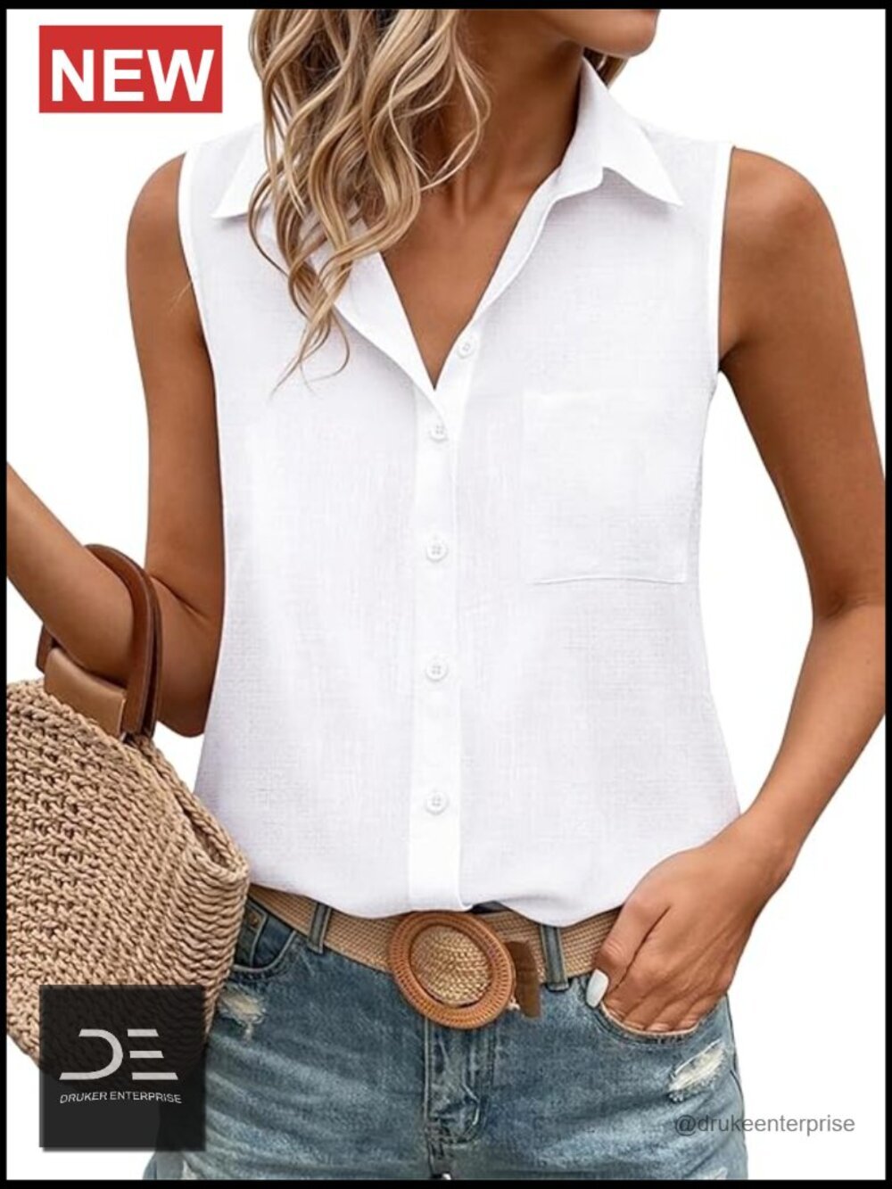 Sleeveless Cotton Button Down Shirt Blouse Top Summer Tunic